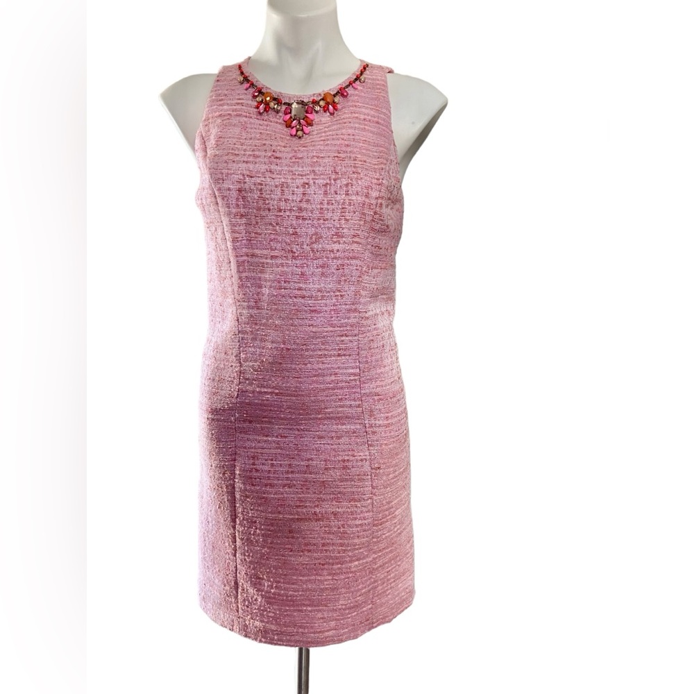 Adrianna Papell pink midi tweed dress with orange‎ jeweled neckline. Size 6